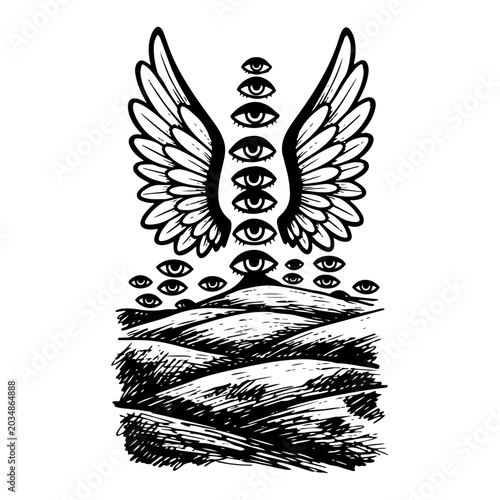 Tablou pe pânză Biblically accurate angel wings with multiple floating eyes over a textured land