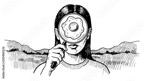 Fotografie Surreal woman holding magnifying glass with fried egg over her eye in vintage li