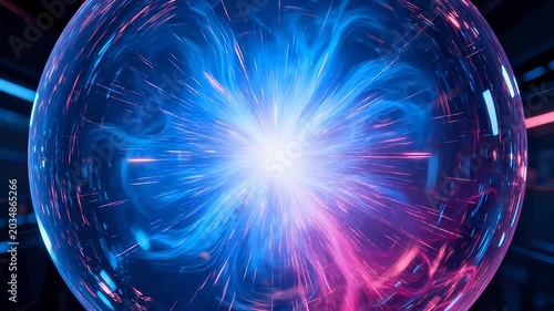 Sci-fi sphere with pink and blue dynamic light and radiating glow
