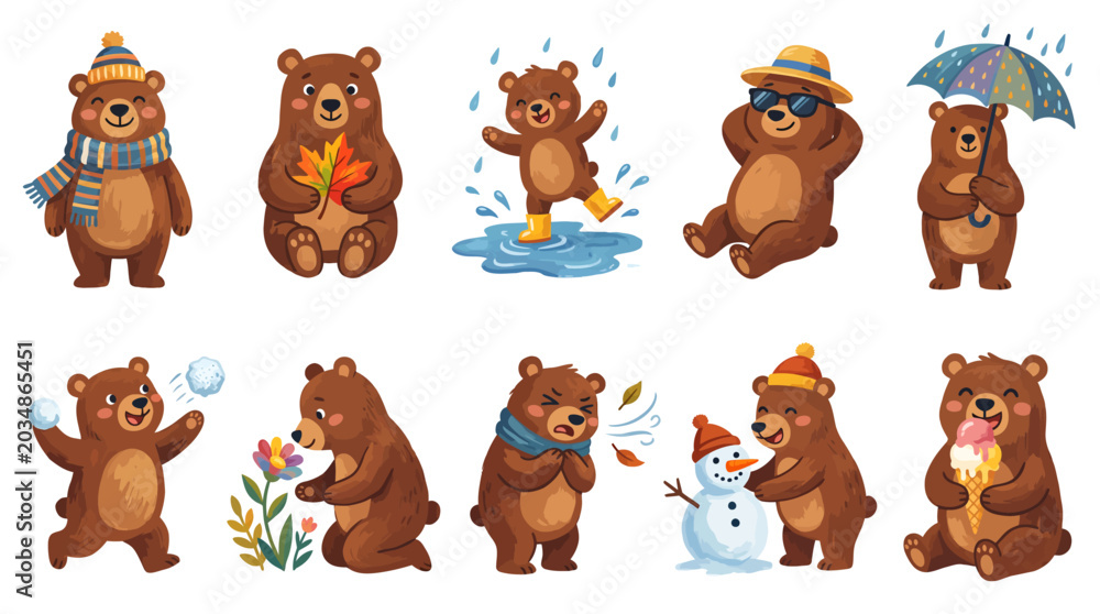 Fototapeta premium Cute cartoon bears illustrating various seasonal activities and emotions from winter to summer.