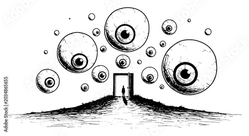 Tableau sur toile Tiny silhouette in doorway surrounded by giant floating eyeballs in surreal line