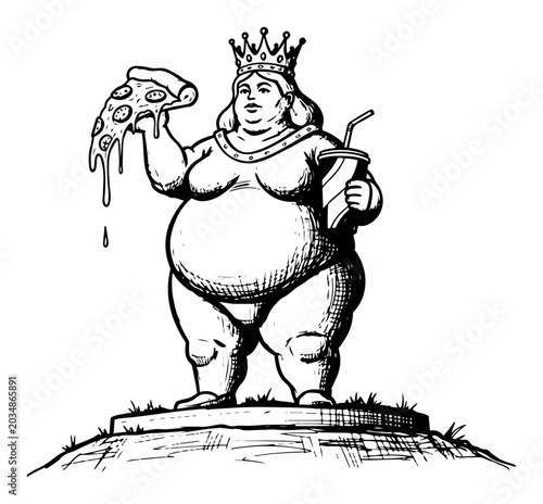 Obraz na plátně Obese queen statue holding pizza slice and soda cup satirical ink sketch style
