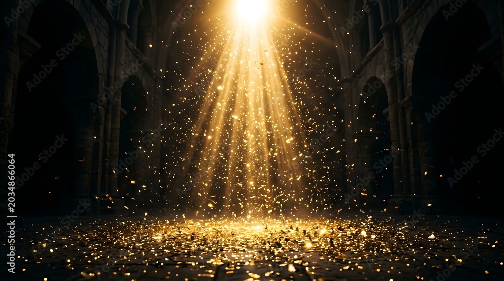Obraz premium Golden light beam shining down into a dark stone cathedral interior with floating dust particles and glowing debris