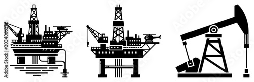 Foto Offshore drilling platform and land pumpjack oil extraction icons in black silho