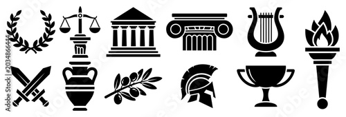 Photos Ancient Greek and Roman history glyph icons set in flat vector style