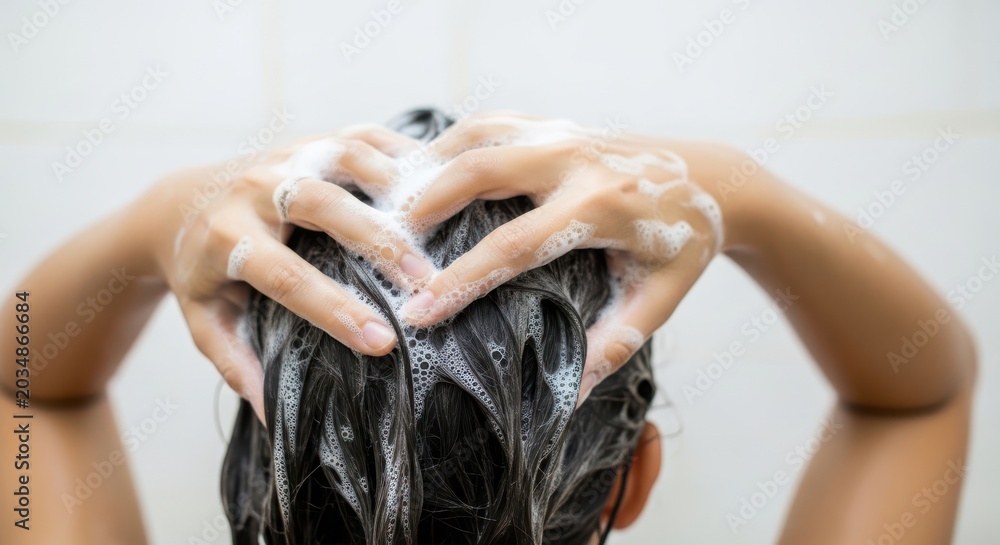 Naklejka premium Person washing hair with shampoo in the shower