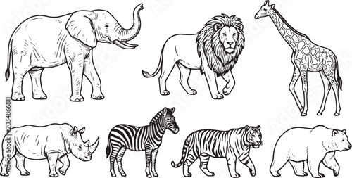 Wild animal silhouettes including zebras horses elephants lions and giraffes in a vector safari set