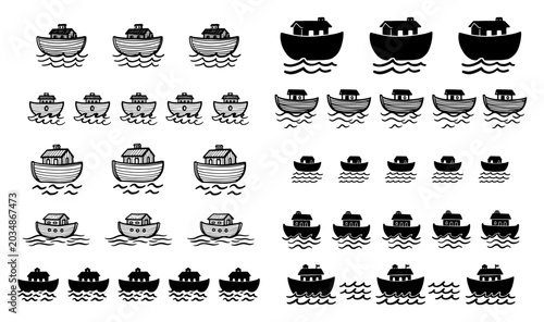 Obraz na płótnie Noah ark boat icons and small vessel silhouettes floating on waves in flat style