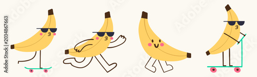 Cool banana characters set riding skateboard and kick scooter for kids streetwear prints and stickers