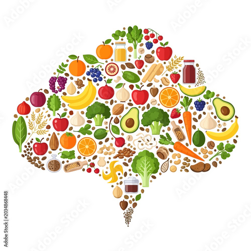 Healthy Food Cloud: Fruits, Vegetables, Nuts, and Seeds Assortment