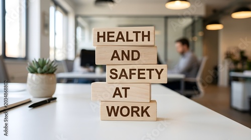 Wooden blocks with health and safety at work message stacked on a white desk in a blurred office setting