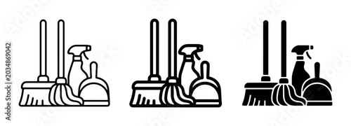Schilderij op canvas Cleaning Supplies Icons Set: Broom, Mop, Spray Bottle, Dustpan, Household Chores