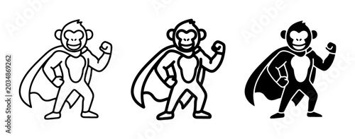 Photography Superhero Monkey Vector Icons, Cartoon Primate Character Set, Bold Outline and S