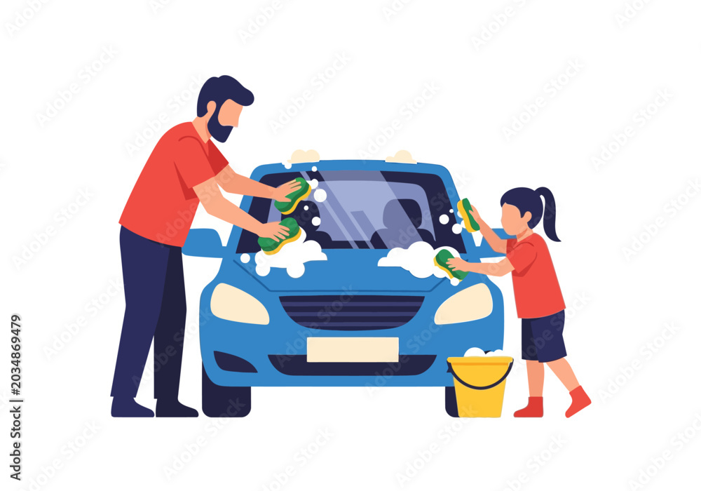 Fototapeta premium Father and Daughter Washing Car Together Outdoor