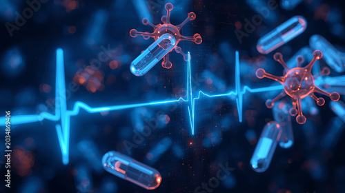 Neon blue heartbeat ecg line with glowing virus cells and pharmaceutical capsule pills on dark background