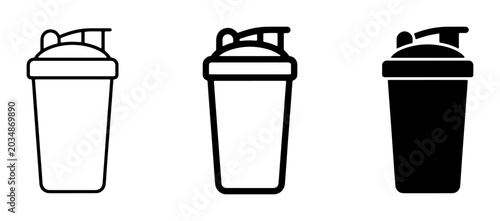 Protein Shaker Bottle Icons, Fitness Drink Container Vector Graphics, Gym Supplement Mixer Set, Workout Beverage Cup Illustrations