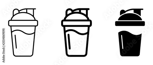 Protein Shaker Bottle Icons, Set of 3, Line Art and Solid Fill, Fitness and Nutrition Drinkware