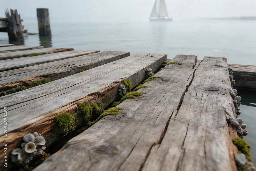 Fototapeta premium Close-up of weathered wooden pier with moss and barnacles by calm sea with sailboat in the background