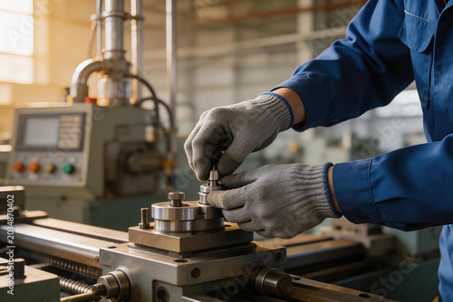 Factory worker assembling or adjusting machinery components wearing protective gloves