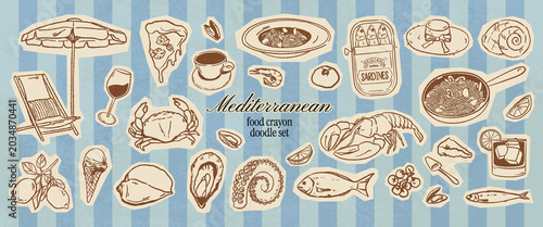 Schilderij op canvas Mediterranean crayon drawn food doodle set with seafood, pasta, wine and beach elements