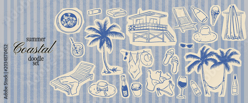 Foto Coastal crayon summer doodle set with palms, swimwear, drinks and beach icons