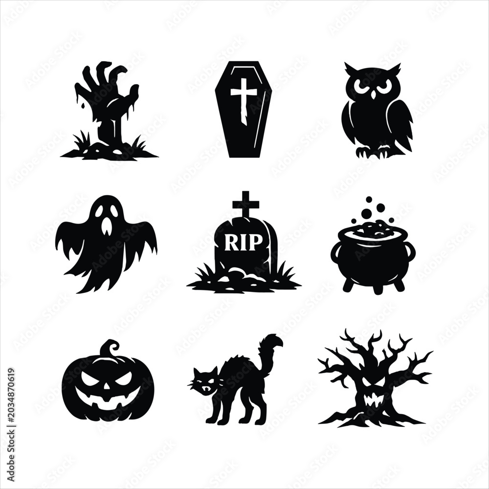 Obraz premium Halloween icons set with pumpkin, ghost, bat, witch hat, cat, spider, skull, and other spooky holiday elements in a cartoon vector style