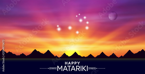 Vector festive wide poster. New Zealand New Year. Radiant stars, pleiades. Shine sunrise or sunset. Happy Matariki. Holiday flyer. Aotearoa. Sky, moon and mountains. Festival banner