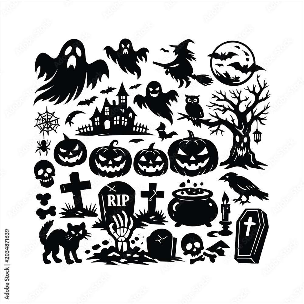 Fototapeta premium Halloween Icons Set with Pumpkin Ghost Bat Witch and Spooky Elements Illustration