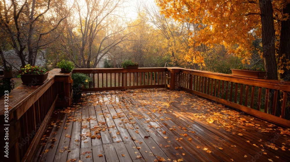 Obraz premium Wooden deck covered with fallen autumn leaves. Backyard patio view during fall season. Residential outdoor living space with trees and golden foliage. Peaceful home environment concept.
