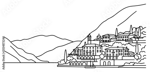 Foto Mediterranean coastal town with hillside houses and seaside buildings in line ar