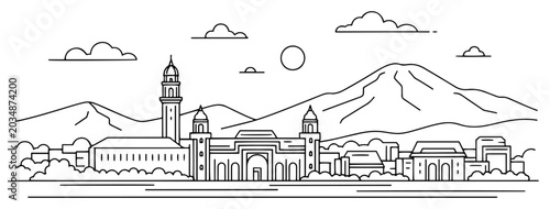 Photography Coastal city panorama with mountains and historic tower in line art style