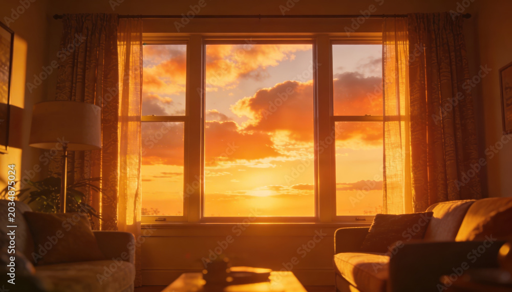 Fototapeta premium Warm sunset light fills cozy living room with soft curtains and comfortable sofa creating surreal pet portrait humor mood