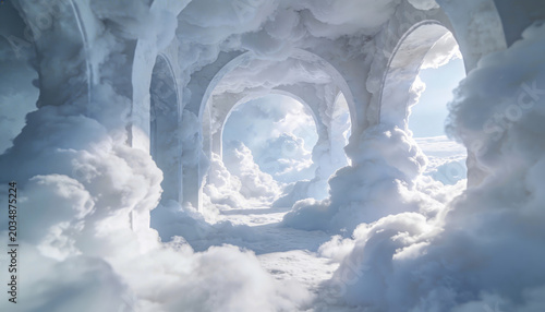Surreal cloud architecture with arches and soft light creating dreamy atmosphere and humor in pet portrait style
