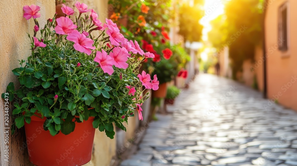 Fototapeta premium Charming Seaside Town Street Lined With Pink Flowers Bathed in Warm Sunlight