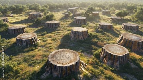 Aerial View of Deforested Landscape Showing Numerous Tree Stumps in a Sunlit Field