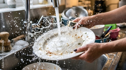 Washing dirty plate, domestic life, kitchen sink, splash of water.
