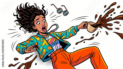 Shocked Young Woman Spilling Hot Coffee in Pop Art Comic Style Illustration