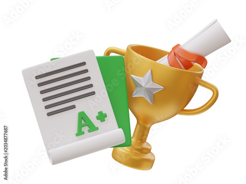 Trophy cup certificate and positive test result success education 3D icon object