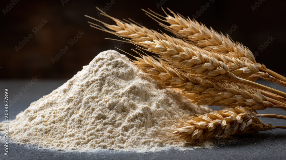 Obraz premium Flour pile with wheat grain on dark surface, rustic baking ingredient still life