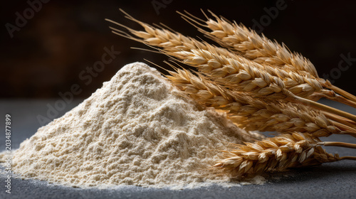 Flour pile with wheat grain on dark surface, rustic baking ingredient still life