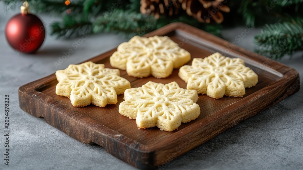 Fototapeta premium Delicate Snowflake Christmas Cookies Arranged on a Rustic Wooden Tray