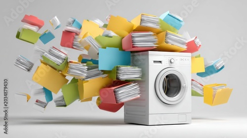 A white washing machine overloaded with colorful folders and documents, symbolizing data cleaning or information management