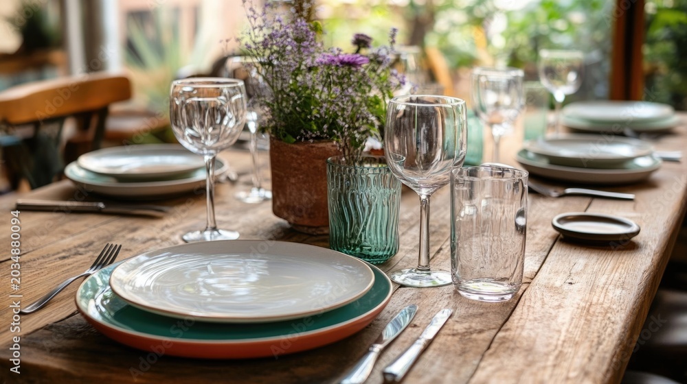 Fototapeta premium A table set with reusable plates, cutlery, and glasses, representing zero waste in everyday life