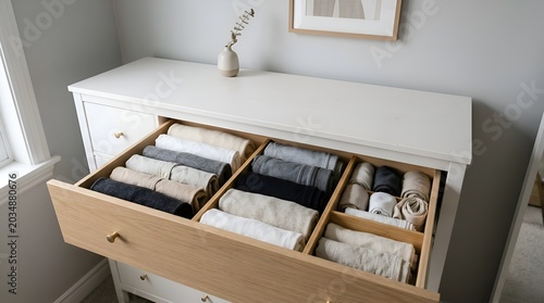 Organized wardrobe drawer with neatly folded clothes