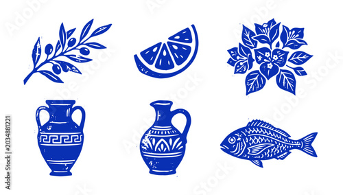 Blue and white Mediterranean symbols and objects on white background
