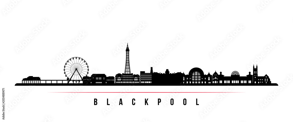 Obraz premium Blackpool skyline horizontal banner. Black and white silhouette of Blackpool, UK. Vector template for your design. 