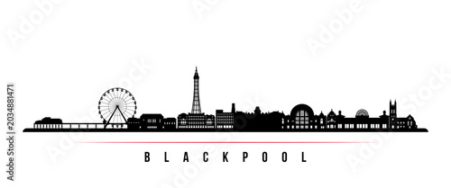 Blackpool skyline horizontal banner. Black and white silhouette of Blackpool, UK. Vector template for your design. 