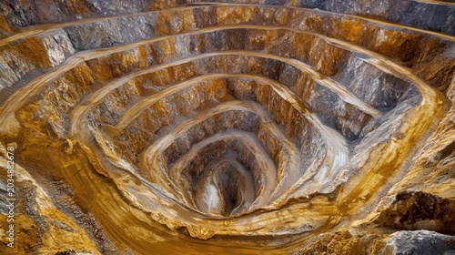 Massive open pit mine showcasing layered excavation and extensive geological formations with evidence of industrial resource extraction