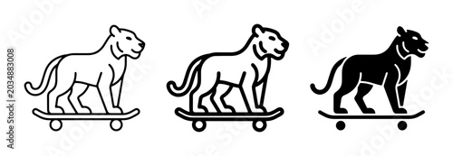 Photography Tiger on Skateboard Icons Set, Wild Cat Skateboarding Vector Graphics, Animal Sp