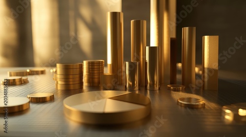 Golden financial asset allocation visualization with stacked bars and pie charts in warm, soft lighting